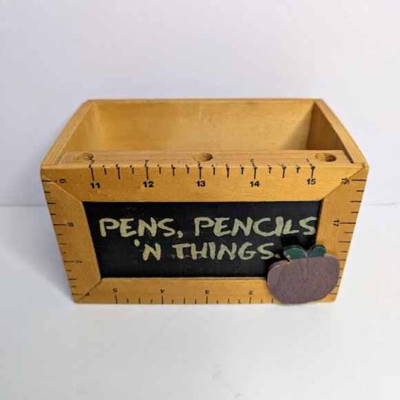 Vintage Wooden Teachers Pencil Pen Holder Caddy Chalkboard Apple Ruler - Picture 1 of 8
